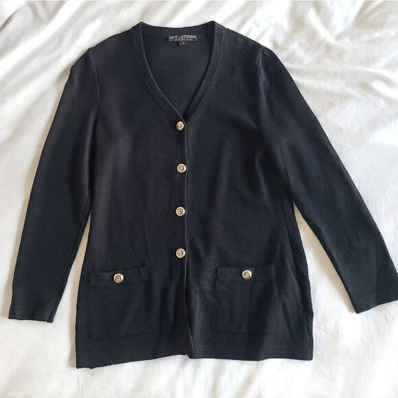 St. John Cardigan Sweater Womens 4 Black Knit Button Front Long Sleeve Pockets - Picture 1 of 8